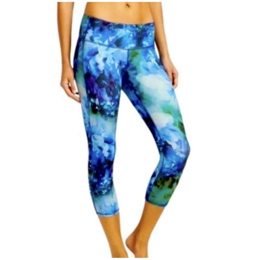 Athleta Women's Chaturanga Bloom Blue Green Watercolor Capri Leggings Size M